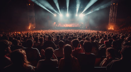 Concert crowd attending a concert, people silhouettes are visible, backlit by stage lights. Raised hands and smart phones are visible here and there.の素材
