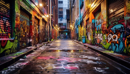 Street in New York City at night with colorful graffiti on the walls.の素材