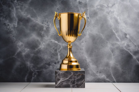 Golden trophy cuple pedestal over marble background. Award conceptの素材