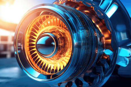 Modern turbofan engine. close up of turbojet of aircraft. Blades of the turbofan engine of the aircraft.の素材