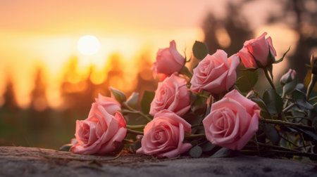 pink rose with light sunset background.の素材