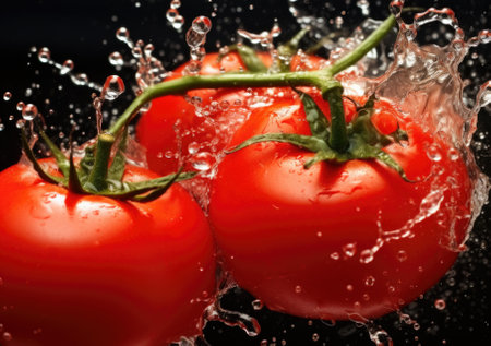 Tomato and splash water over black background.の素材