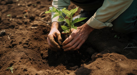 Planting young tree by hand on back soil as care and save wold concept.の素材