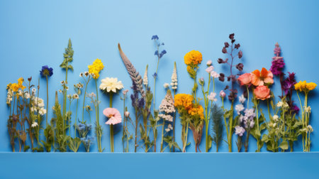Flowers plant on blue background, top view, place for text.の素材