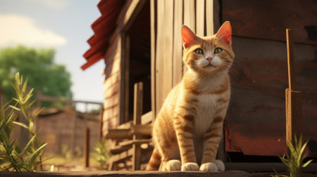 Cartoon orange Tabby cat walking outside in the grass.の素材