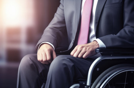 Happy disabled man during business meeting, horizontal.の素材