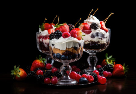 Strawberries, raspberry and Cream Mille Feuille dessert on black plate.の素材