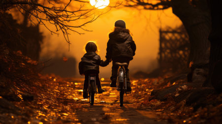 Two cyclists are on sunset road.の素材