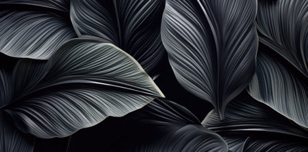closeup nature view Black leaf and palms background. Flat lay, dark nature concept, tropical leaf.の素材