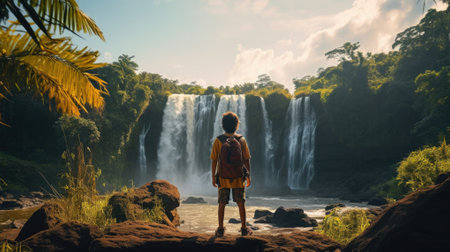 Caucasian boy standing on a rock watching the water fall from the waterfall in the lush forest.の素材