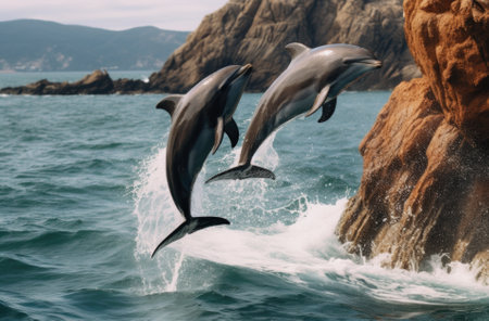 Beautiful dolphins swimming. Dolphin jumping above blue water.の素材