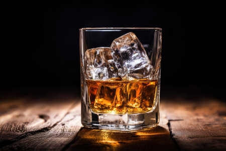 whiskey with ice on a wooden table.の素材