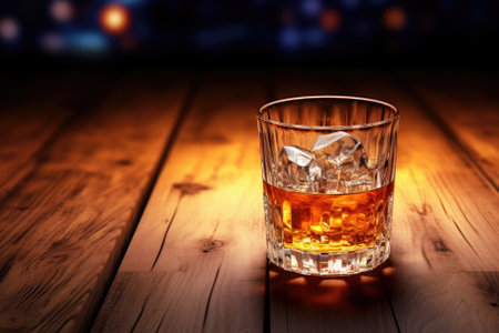 whiskey with ice on a wooden table.の素材
