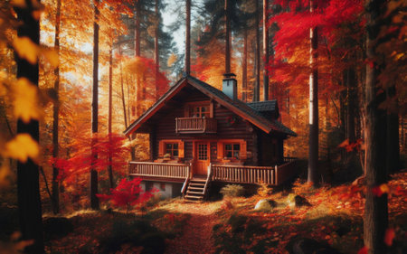 Old wooden cabin in the autumn forest, Fall.の素材