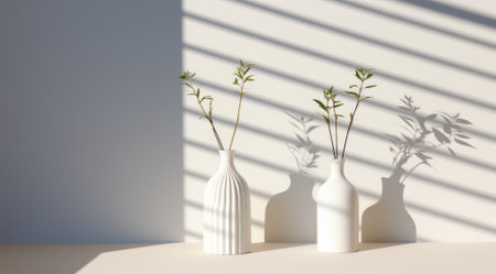 White table illuminated by sunlight with leaf shadows, white podium table with vase and leaf plants for products design and text background.の素材