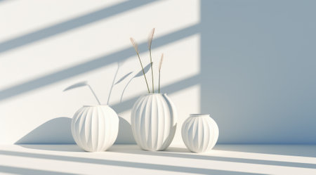 White table illuminated by sunlight with leaf shadows, white podium table with vase and leaf plants for products design and text background.の素材
