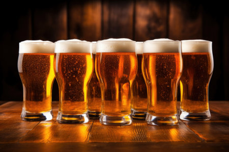 Glasses of beer on an old wooden table.の素材