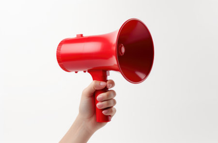 Hand holding a red megaphone.の素材