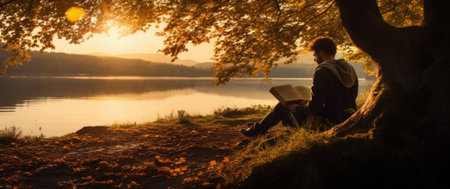 Man reading a book while sitting under the tree by the lake at the public park for recreation, leisure and relaxation in nature.の素材