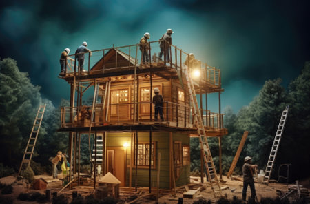 Building house on with worker, construction model.の素材