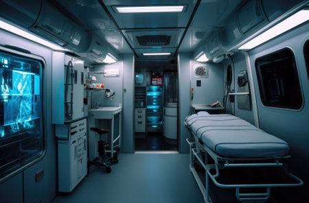 Interior of an ambulance with the necessary equipment for patient care.の素材