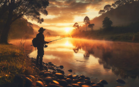 Fisher man fishing with spinning rod on a river bank at misty foggy sunrise.の素材