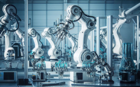 Advanced High Precision Robot Arms on Fully Automated PCB Assembly Line Inside Modern Electronics Factory. Electronic Devices Production Industry. Component Installation on Circuit Boardの素材