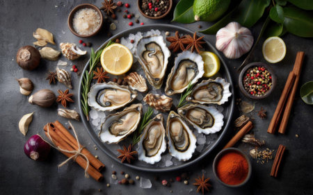Opened Oysters on plate on dark background.の素材