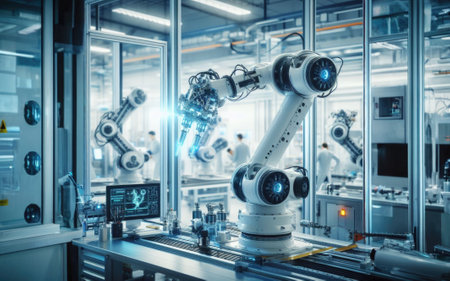 Advanced High Precision Robot Arms on Fully Automated PCB Assembly Line Inside Modern Electronics Factory. Electronic Devices Production Industry. Component Installation on Circuit Boardの素材