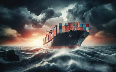 Container Cargo ship in the ocean fighting storm.の素材