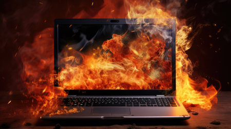 Burning laptop and keyboard, equipment fire due to faulty battery and wiring. Laptop Computer setting the world on fire. Laptop burning in flames. Fire hazard. Losing valuable data. Laptop Damage.の素材