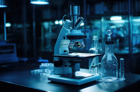 Close up of microscope lenses focused on a specimen in blue light.の素材
