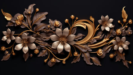 Beautiful abstract color black and yellow flowers. Gold flower frame and brown leaves texture, dark background.の素材