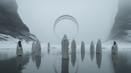 A group of people in balakhons and robes perform a mystical ritual while standing in water. Mystical cult, sect, religion, fiction.の素材