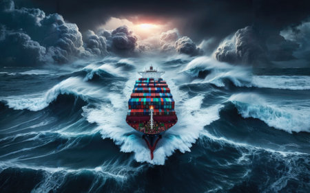 Container Cargo ship in the ocean fighting storm.の素材