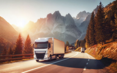 White truck driving on the highway winding through forested landscape at sunrise.の素材