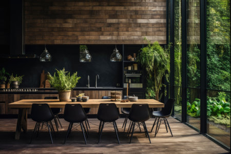 Stylish and botany interior of dining room with design craft wooden table, chairs, a lof of plants, big window and elegant accessories in modern home decor.の素材