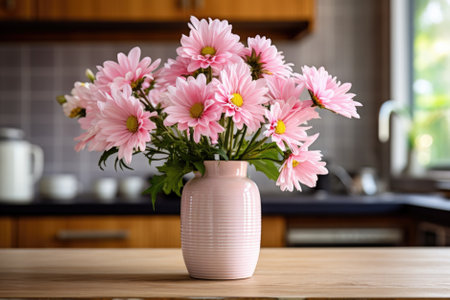 Beautiful rose flowers in vase on table in kitchen.の素材