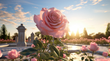 pink rose with light sunset background.の素材