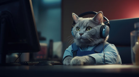 Cat in call center agent answering incoming calls with a headset, providing customer service remotely.の素材