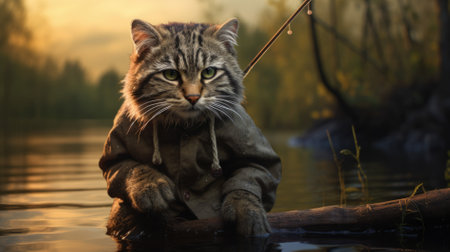 A beige cat fisher with a fishing rod caught a trout. In a forest river.の素材