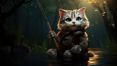 A beige cat fisher with a fishing rod caught a trout. In a forest river.の素材