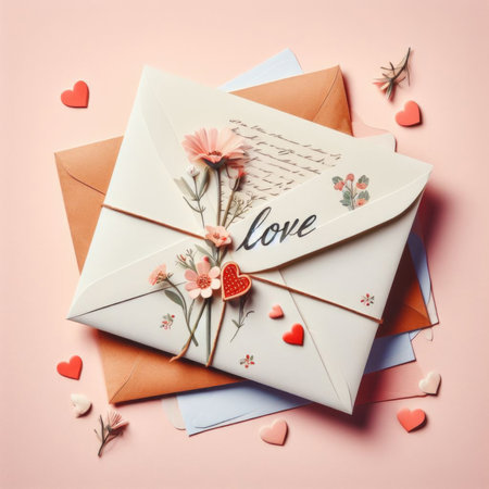 Pink craft envelope lying on colorful hearts. Valentine's Day invitation card. 14 February greeting card. Love present or dating gift.の素材