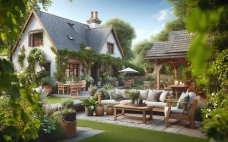 Cozy wicker sofa set and hanging chair in the garden.の素材