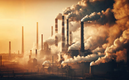 industry metallurgical plant dawn smoke smog emissions bad ecology.の素材