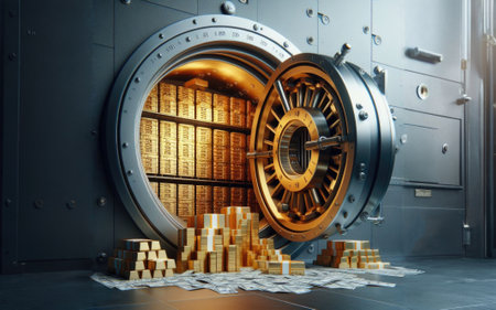 Open bank safe vault door with golden ingots peeking from inside.の素材