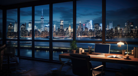 Empty office contemporary interior office with city skyline and buildings city from glass window.の素材