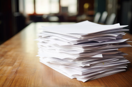 Document pile on office desk, Stack of business paper on the table with blurred of meeting room interior background. job interview and busy business concepts.の素材