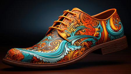 Colorful hand painted and decorated shoe, modern footwear fashion.の素材