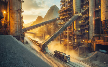 Cement production factory on mining quarry. Conveyor belt of heavy machinery loads stones and gravel.の素材